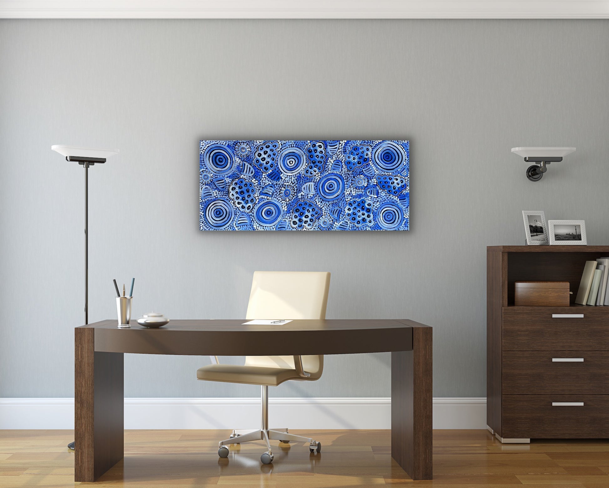 Dulcie Long Pula 'Awelye-Atnwengerrp (Body Paint)' painting 102x44cm Blues White