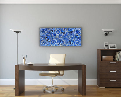 Dulcie Long Pula 'Awelye-Atnwengerrp (Body Paint)' painting 102x44cm Blues White