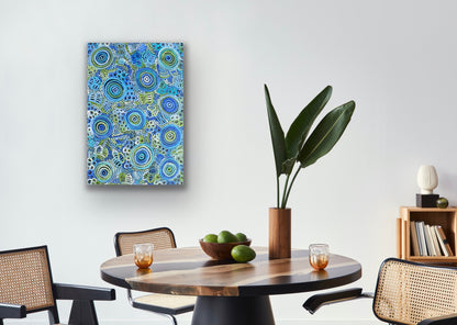 Dulcie Long Pula 'Awelye-Atnwengerrp (Body Paint)' painting 90x60cm Blues Greens