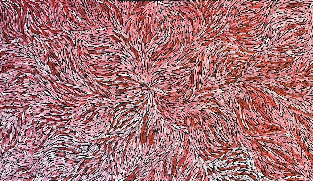 Jeannie Petyarre Bush Yam Leaves painting 95x165cm Red Pink White