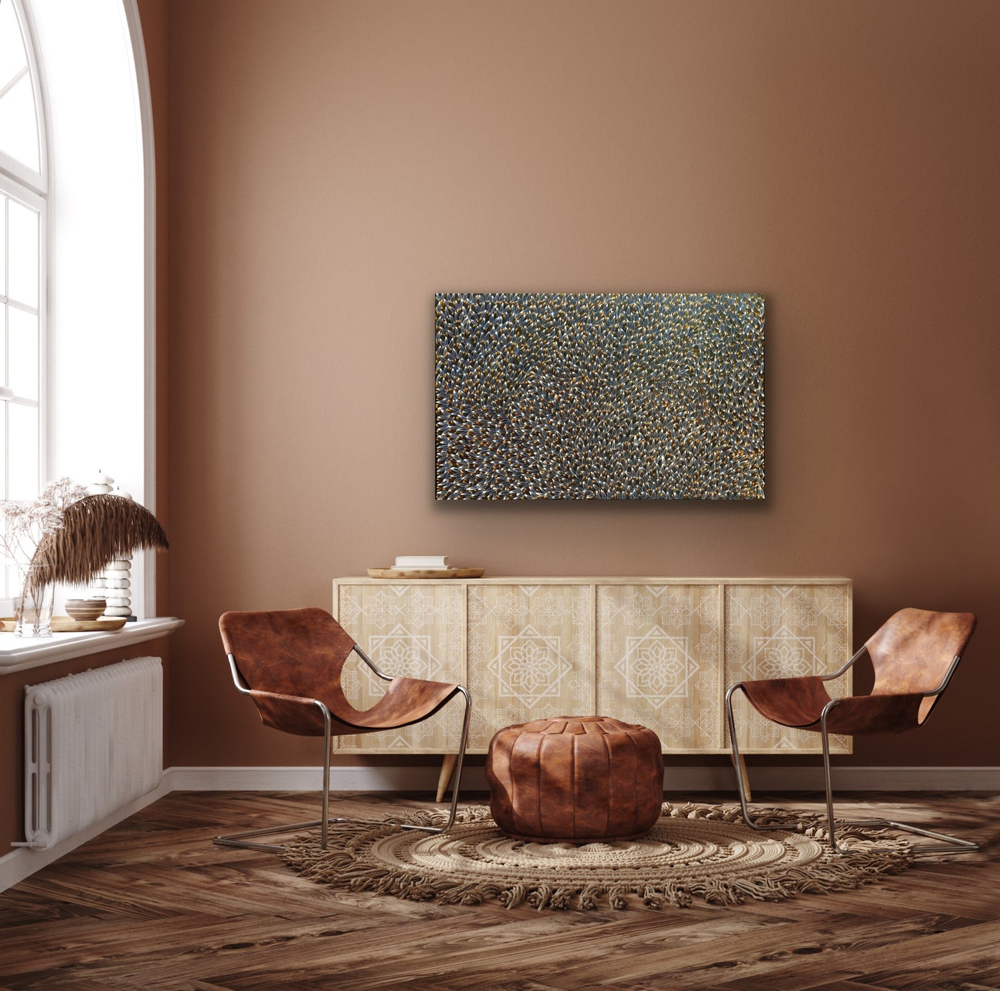 Abie Loy Kemarre 'Bush Medicine Leaf' painting Orange, Black and White 95x150cm