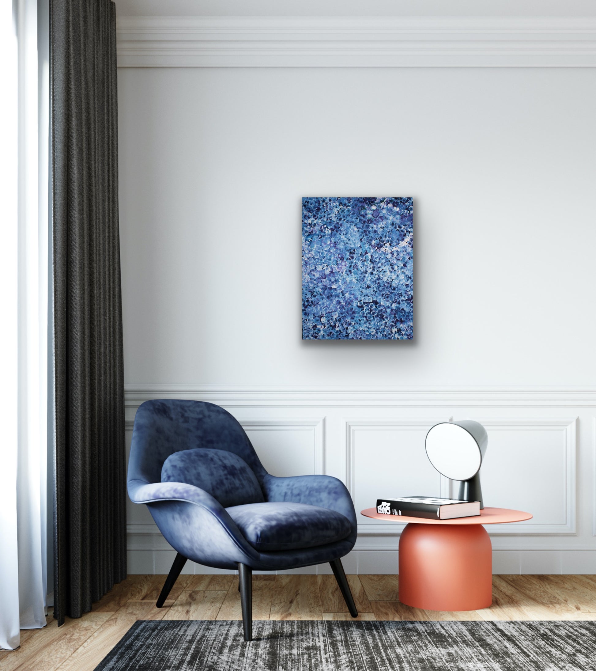 A canvas painting featuring an abstract pattern of blue tones, representing the 'Bush Plum Dreaming' artwork by Polly Ngale.