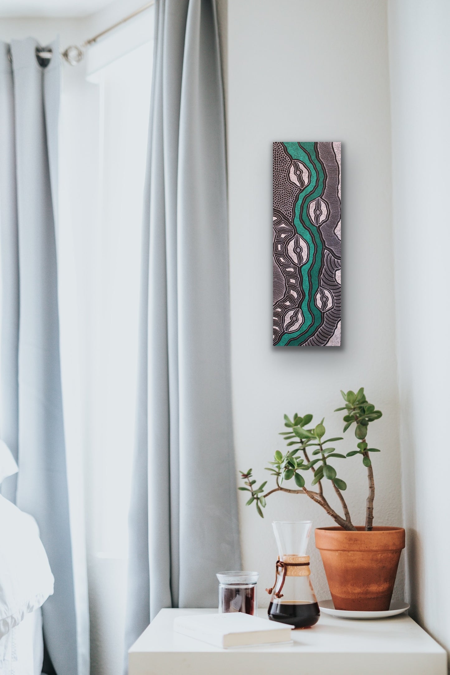 Delvine Pitjara 'My Country' painting 90x30cm White Greens