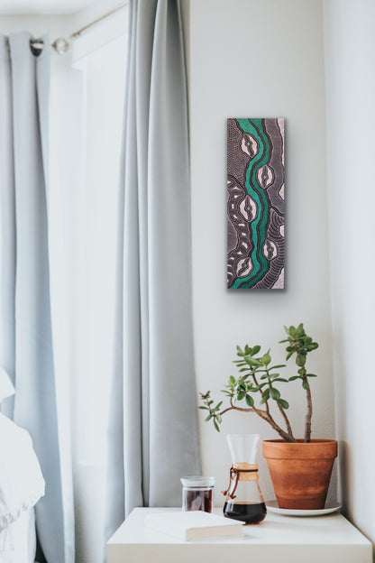 Delvine Pitjara 'My Country' painting 90x30cm White Greens