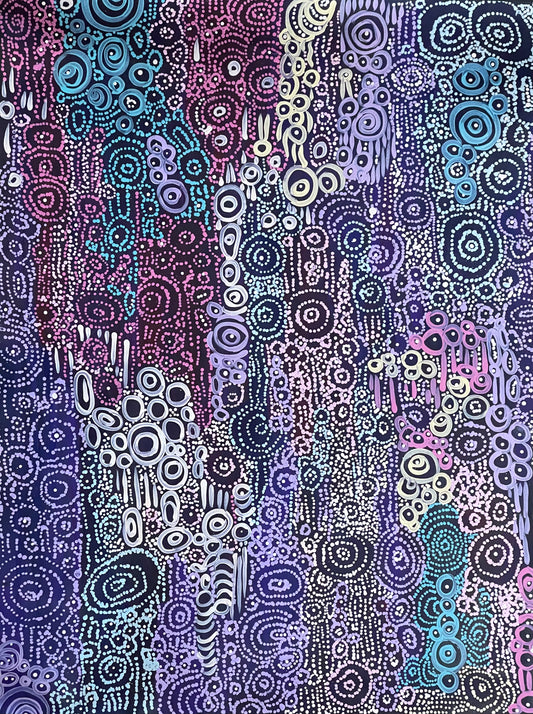 A painting by Meredith Curley featuring a pattern of swirling circles in various shades of blue, purple, pink and white on a black background.