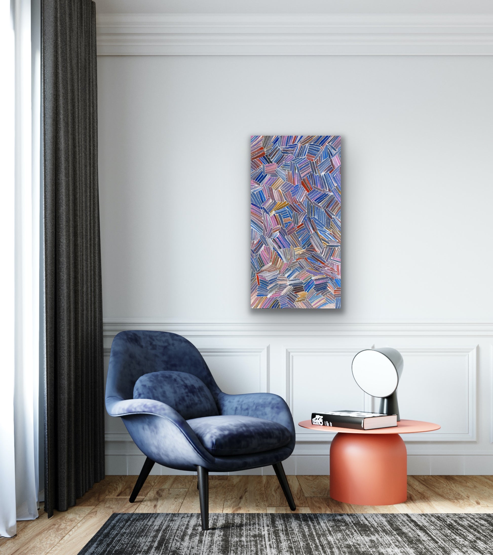 A pencil yam painting by Jedda Purvis Kngwarreye representing the Dreaming 'Kame', an important plant in Utopia.