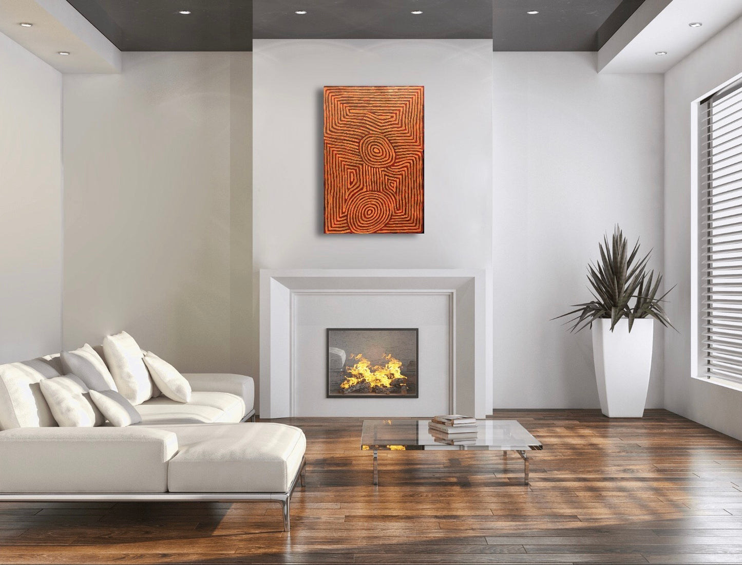 A painting by George Hairbrush Tjungurrayi 87x58cm hanging above a fireplace in a modern room with white sofa