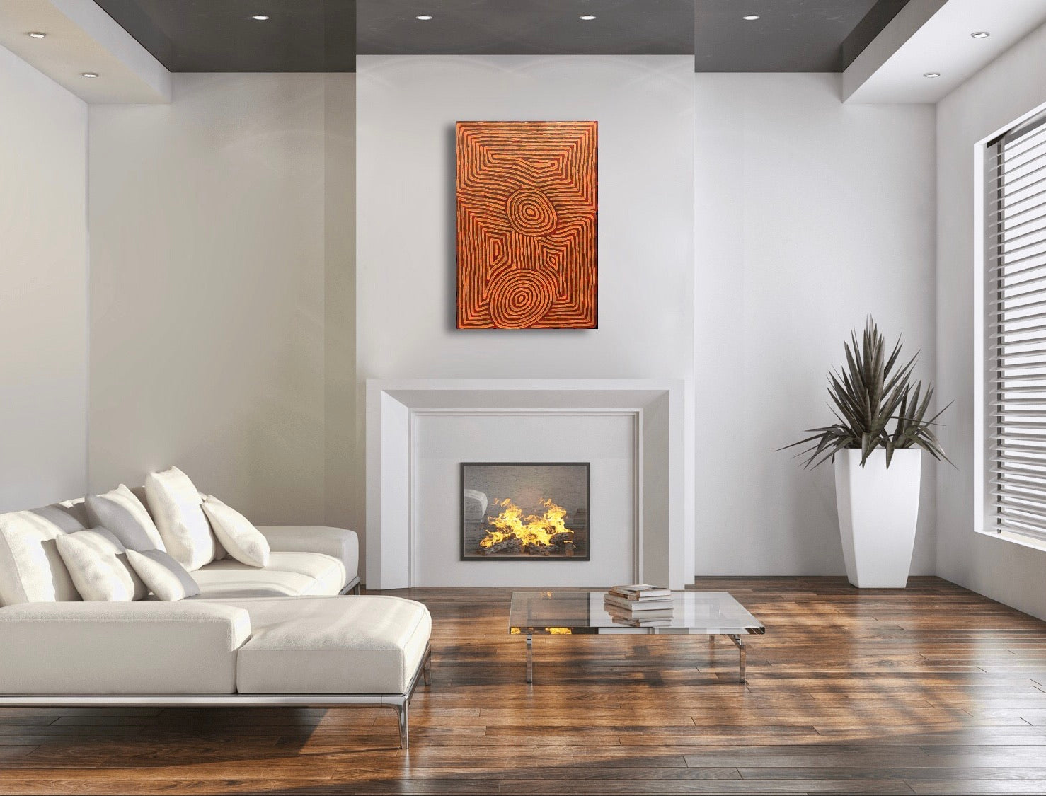 A painting by George Hairbrush Tjungurrayi 87x58cm hanging above a fireplace in a modern room with white sofa