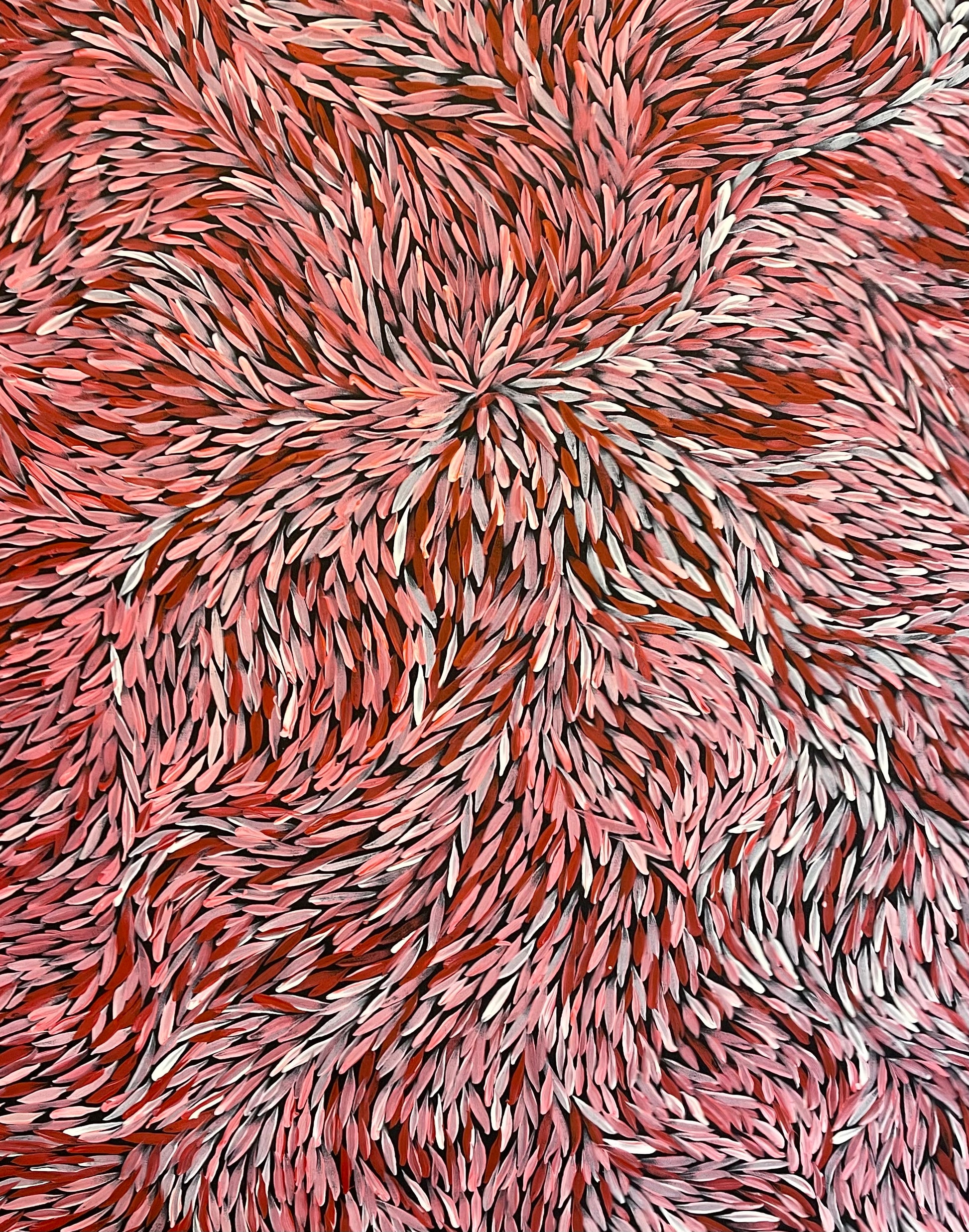 close up of Jeannie Petyarre Bush Yam Leaves painting 95x165cm Red Pink White