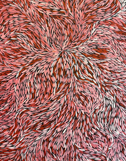close up of Jeannie Petyarre Bush Yam Leaves painting 95x165cm Red Pink White