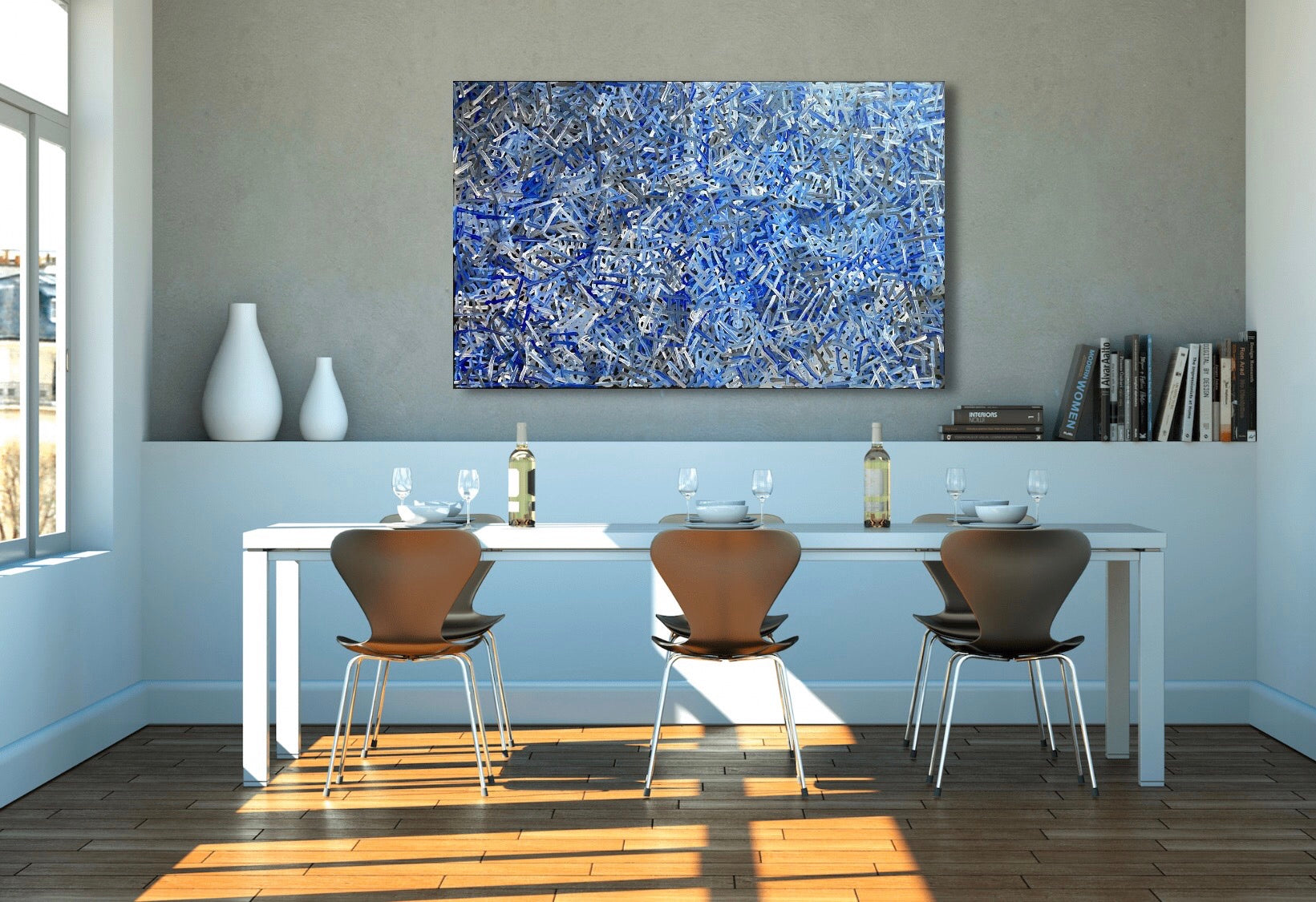 A 155x95cm painting by Betty Club Mbitjana in blue, light blue, grey, and white hanging above a dining table.