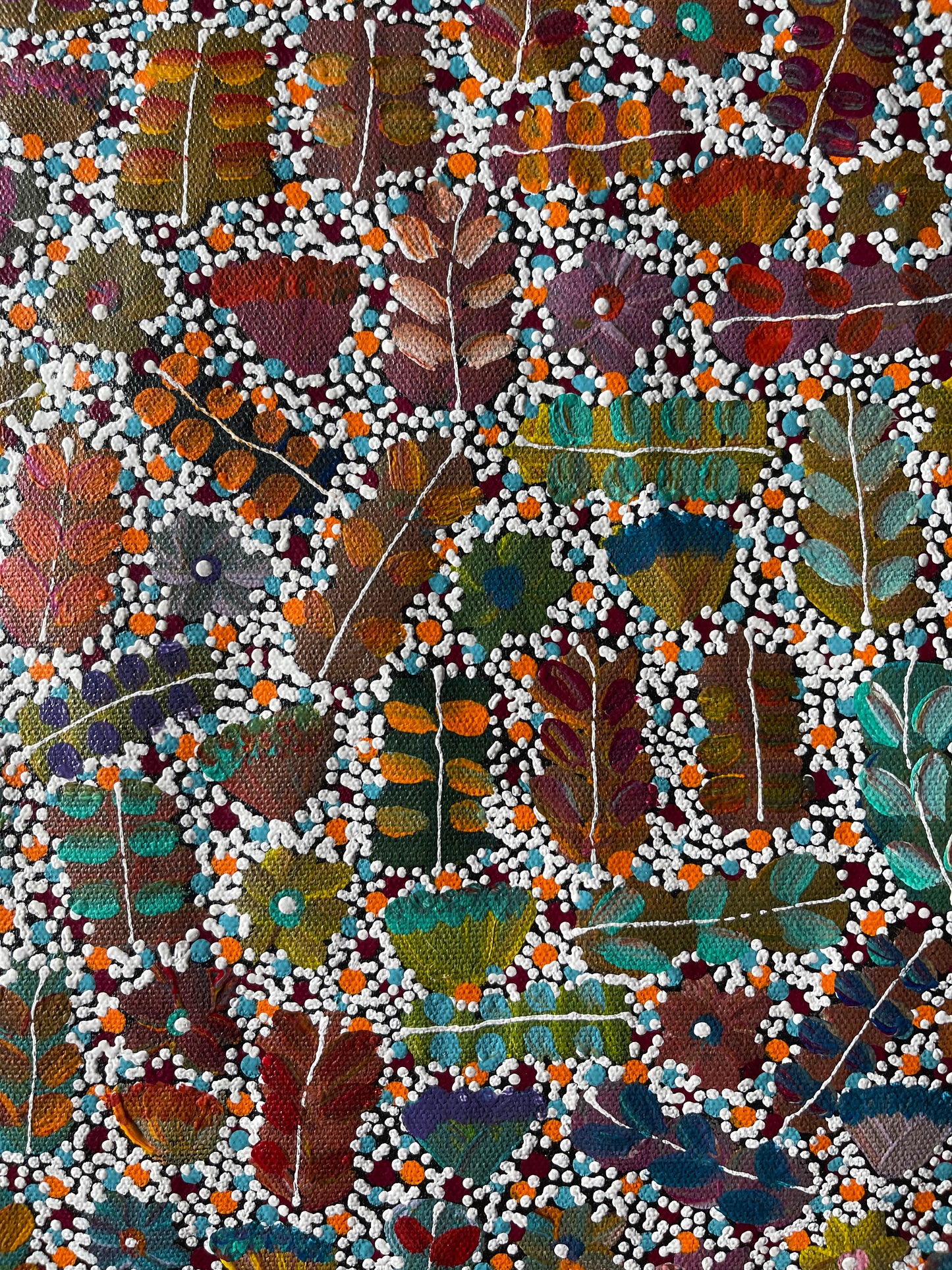 closeup of Joycie Morton Petyarre 'Bush Medicine' painting 30x90cm 