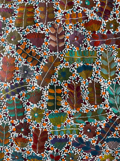 closeup of Joycie Morton Petyarre 'Bush Medicine' painting 30x90cm 