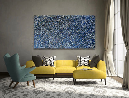 Abie Loy Kemarre Bush Medicine Leaf painting Blue, Black and White, 110x200cm