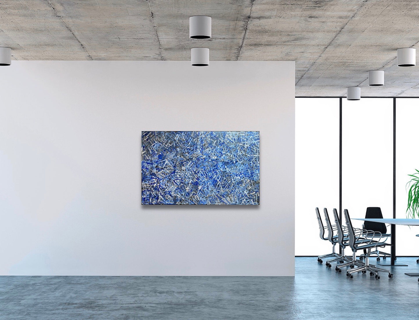 Close-up of a A 155x95cm painting by Betty Club Mbitjana in blue, light blue, grey, and white hanging on an office wall outside a boardroom table.