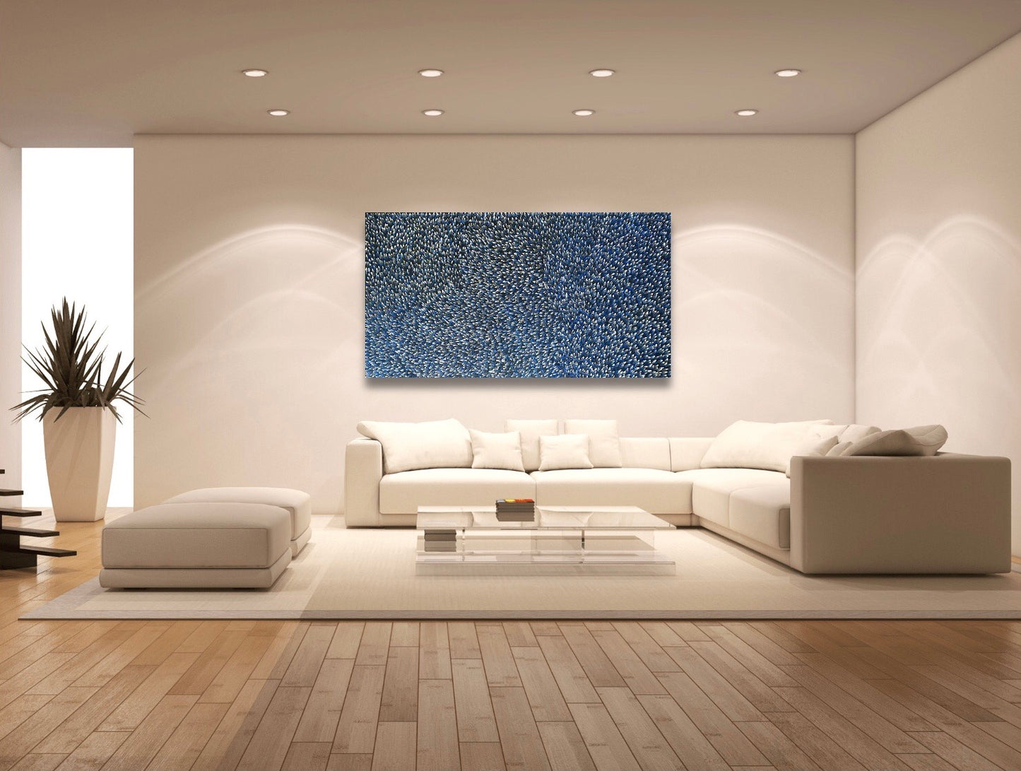 Abie Loy Kemarre Bush Medicine Leaf painting Blue, Black and White, 110x200cm