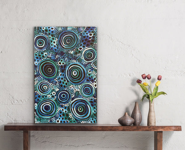 Dulcie Long Pula 'Awelye-Atnwengerrp (Body Paint)' painting 56x36cm Green Blues White
