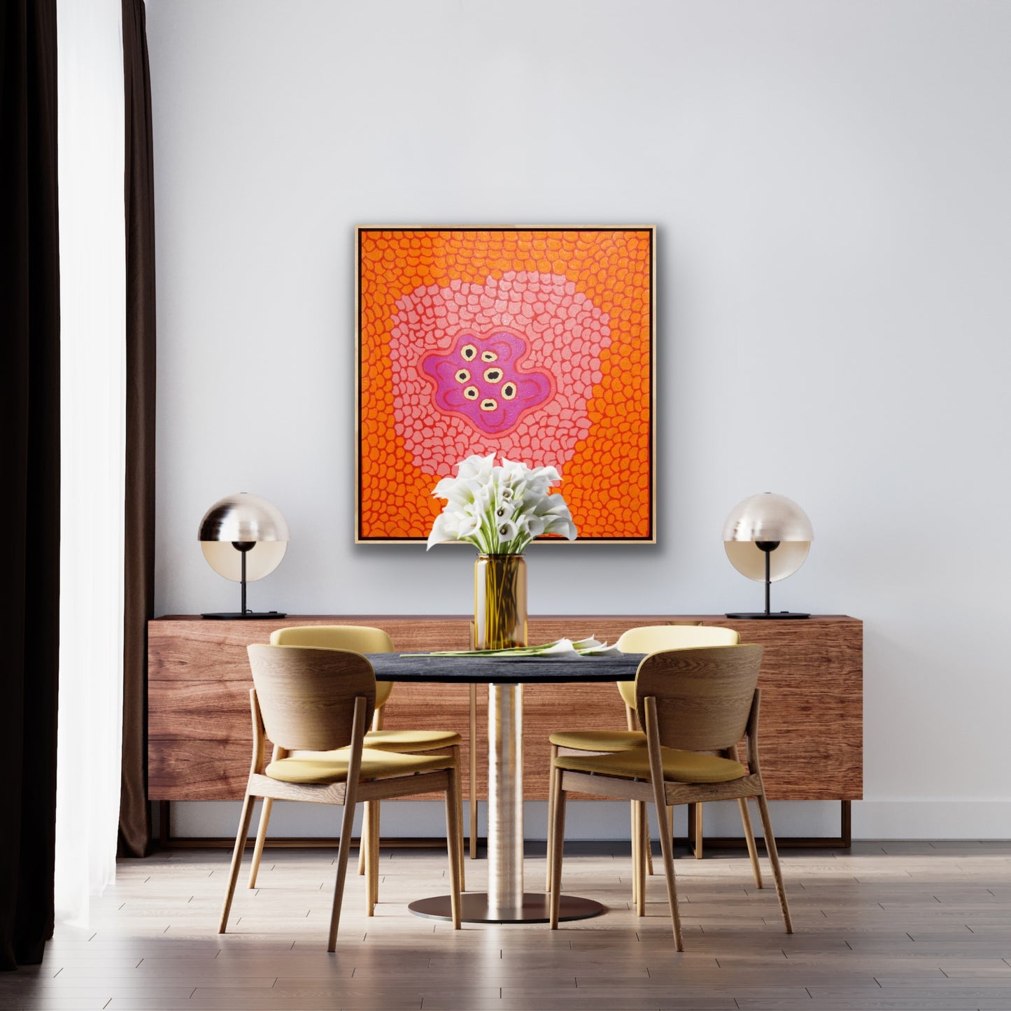Barbara Reid Napangardi Women's Waterhole painting Orange Red Pink