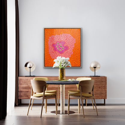 Barbara Reid Napangardi Women's Waterhole painting Orange Red Pink