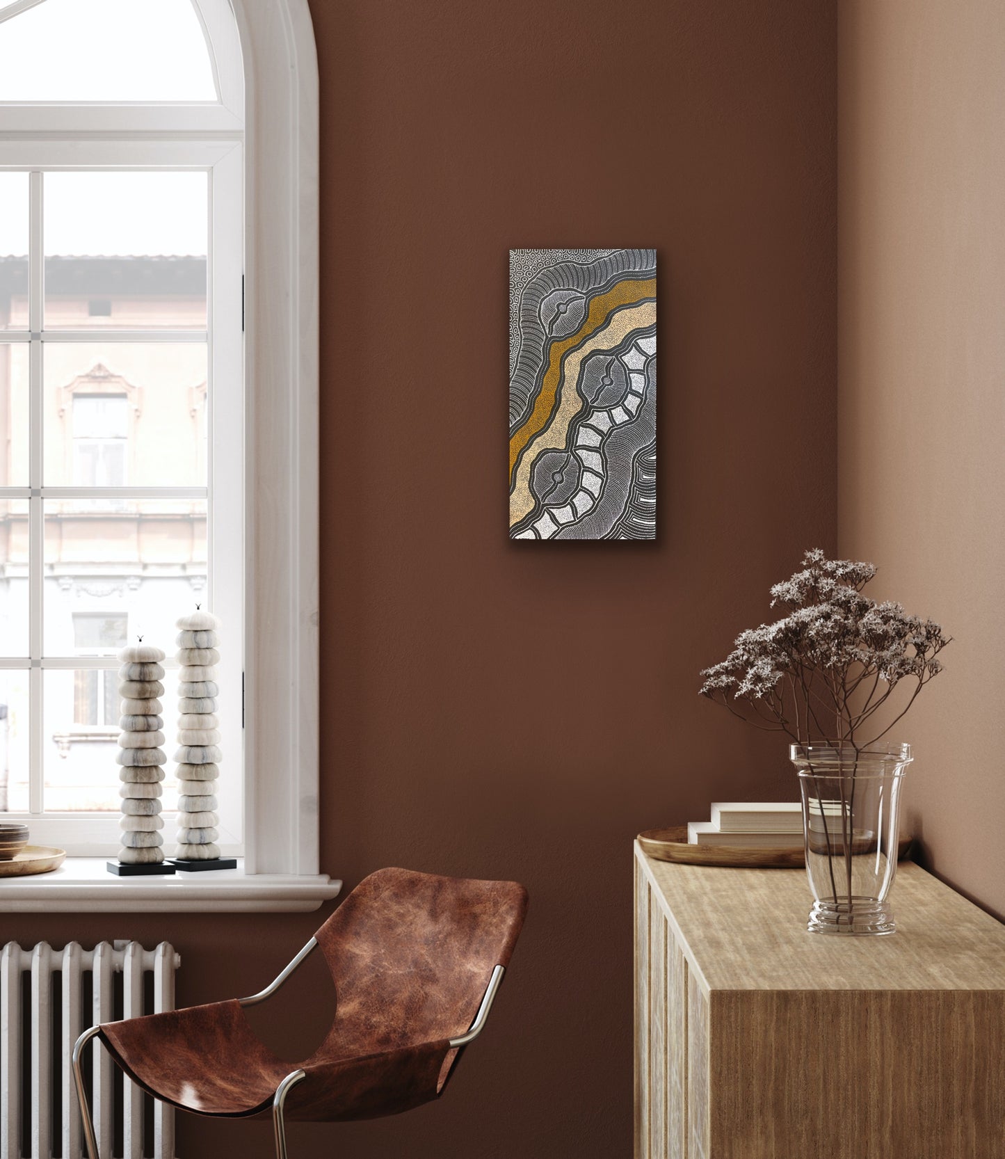 Delvine Pitjara 'My Country' painting 80x40cm White Browns