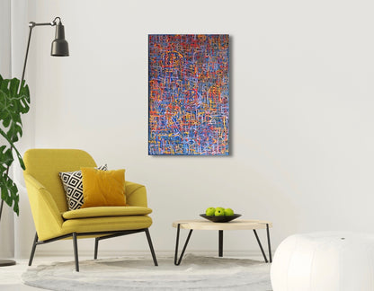 A vibrant multicoloured painting by Betty Club Mbitjana. My Mother's Dreaming painting 60x90cm 