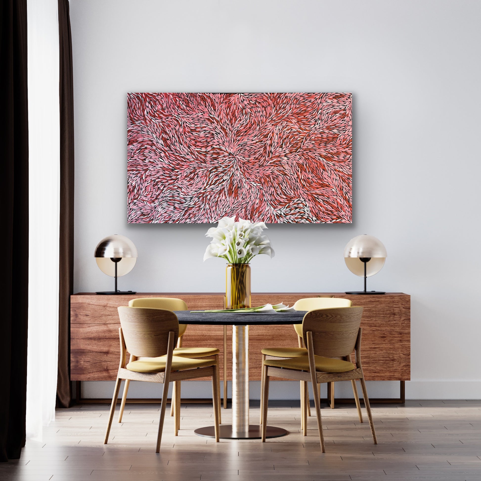 Jeannie Petyarre Bush Yam Leaves painting 95x165cm Red Pink White