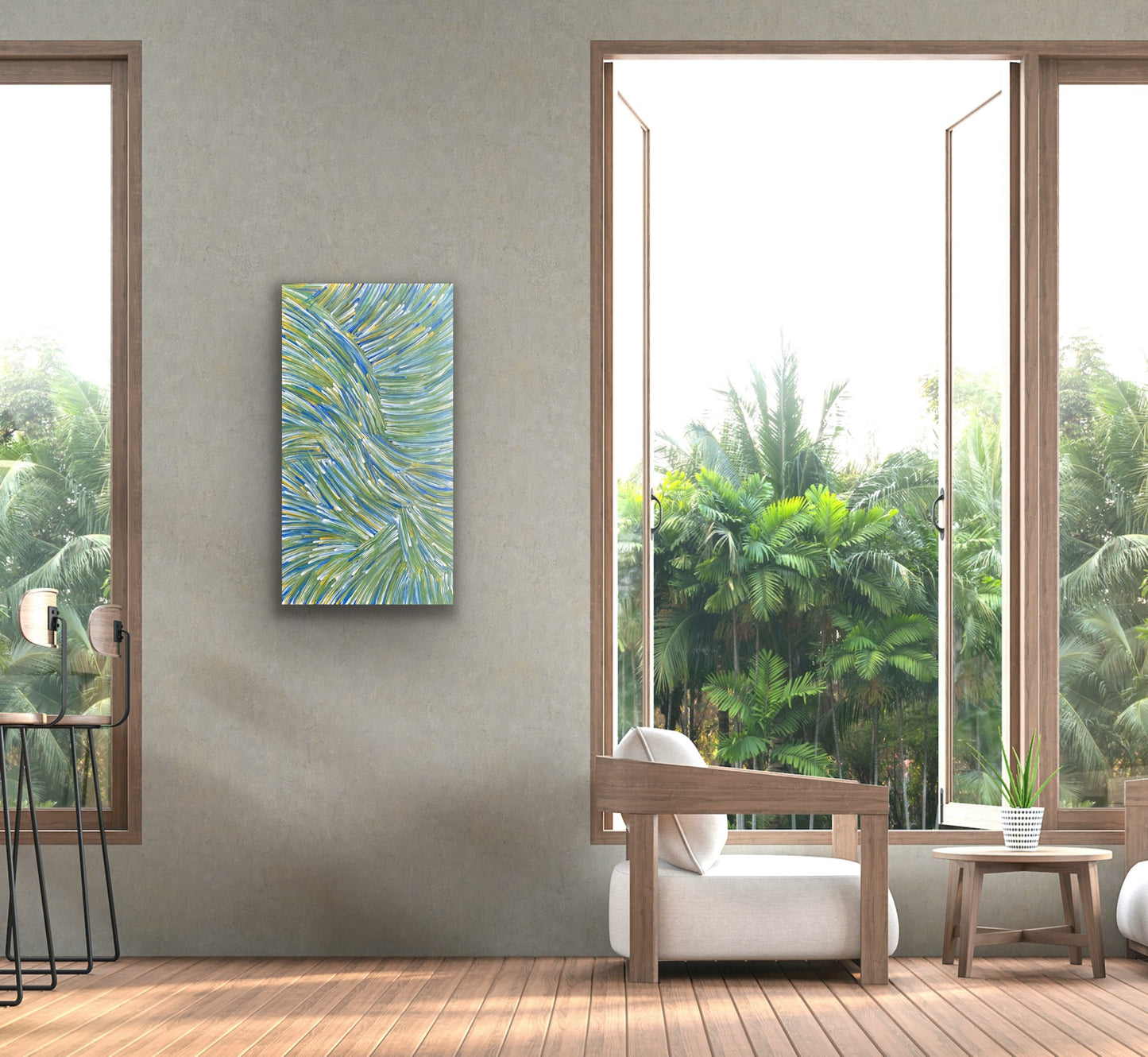 A pencil yam painting by Jedda Purvis Kngwarreye showing vibrant green, blue and yellow lines in flowing, traditional patterns.