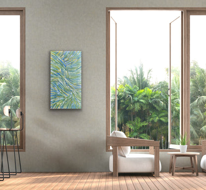 A pencil yam painting by Jedda Purvis Kngwarreye showing vibrant green, blue and yellow lines in flowing, traditional patterns.