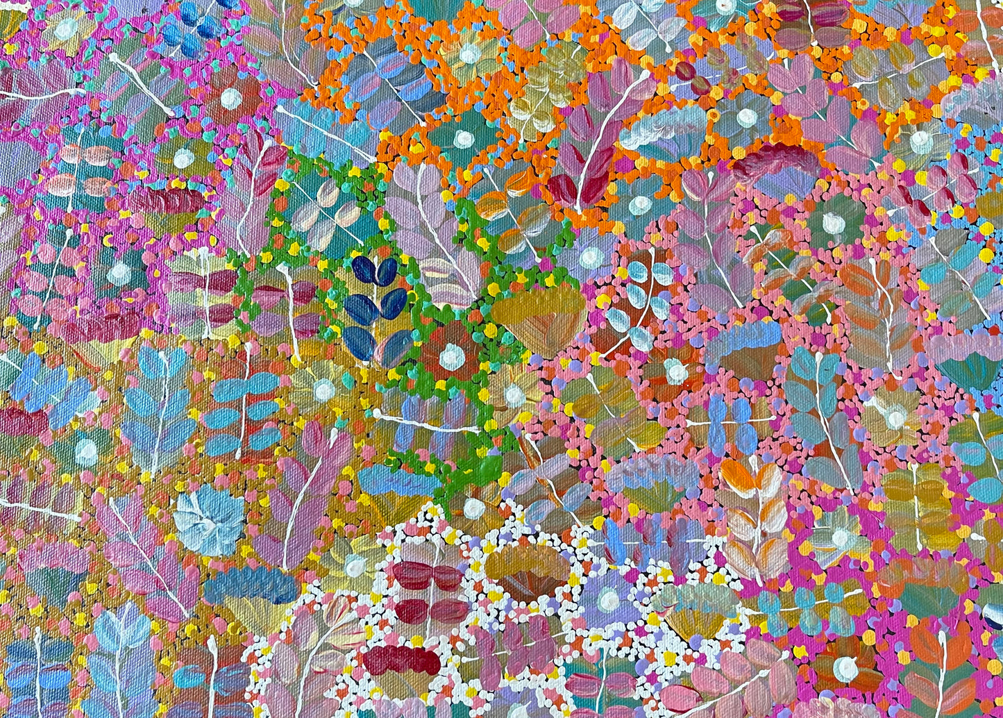 closeup of Joycie Morton Petyarre 'Bush Medicine' painting, 30x90cm 