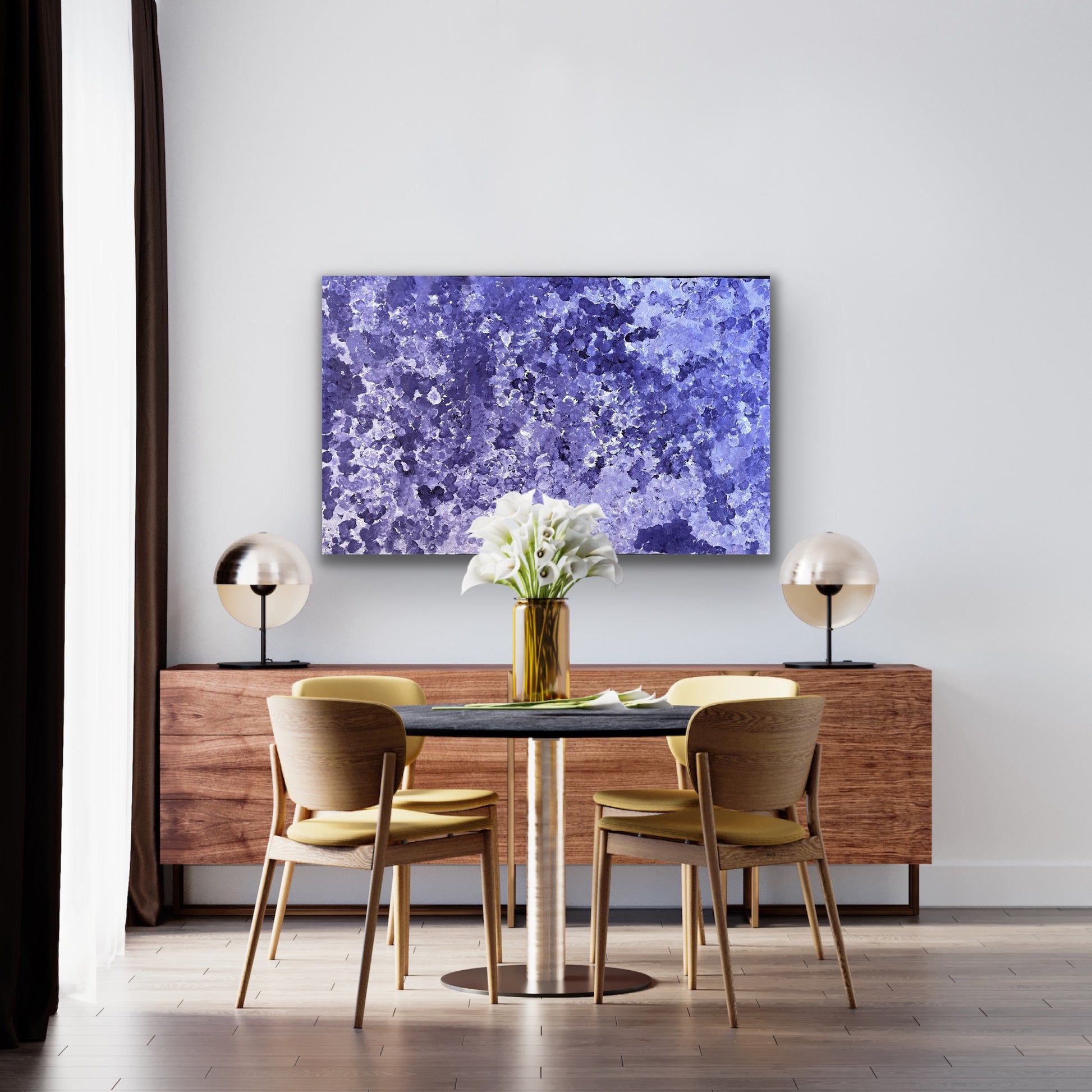 A painting featuring an abstract pattern of purple tones, representing the 'Bush Plum Dreaming' artwork by Polly Ngale.