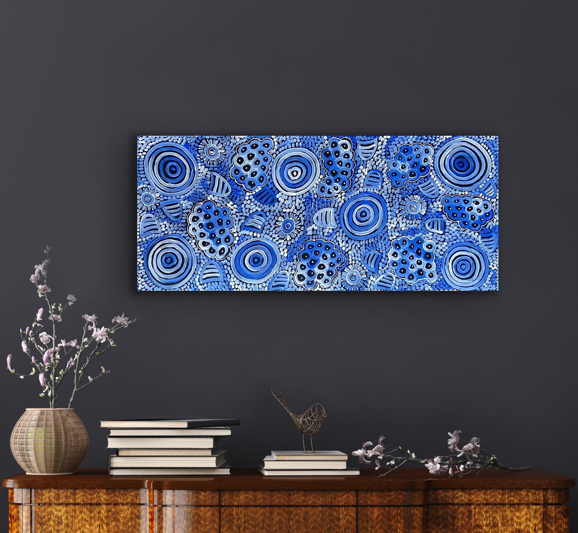 Dulcie Long Pula 'Awelye-Atnwengerrp (Body Paint)' painting 102x44cm Blues White
