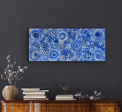 Dulcie Long Pula 'Awelye-Atnwengerrp (Body Paint)' painting 102x44cm Blues White