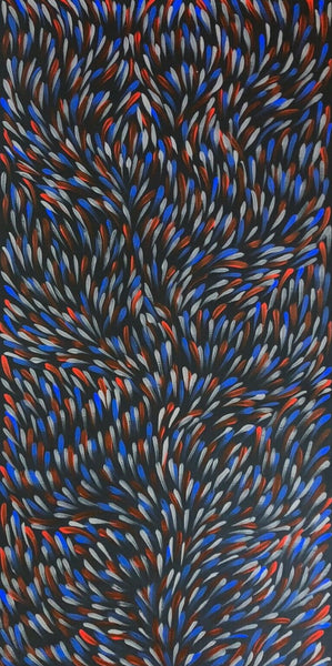 Gloria Petyarre 'Bush Medicine Leaves' painting  90x45cm Red/Blue/white small Leaf