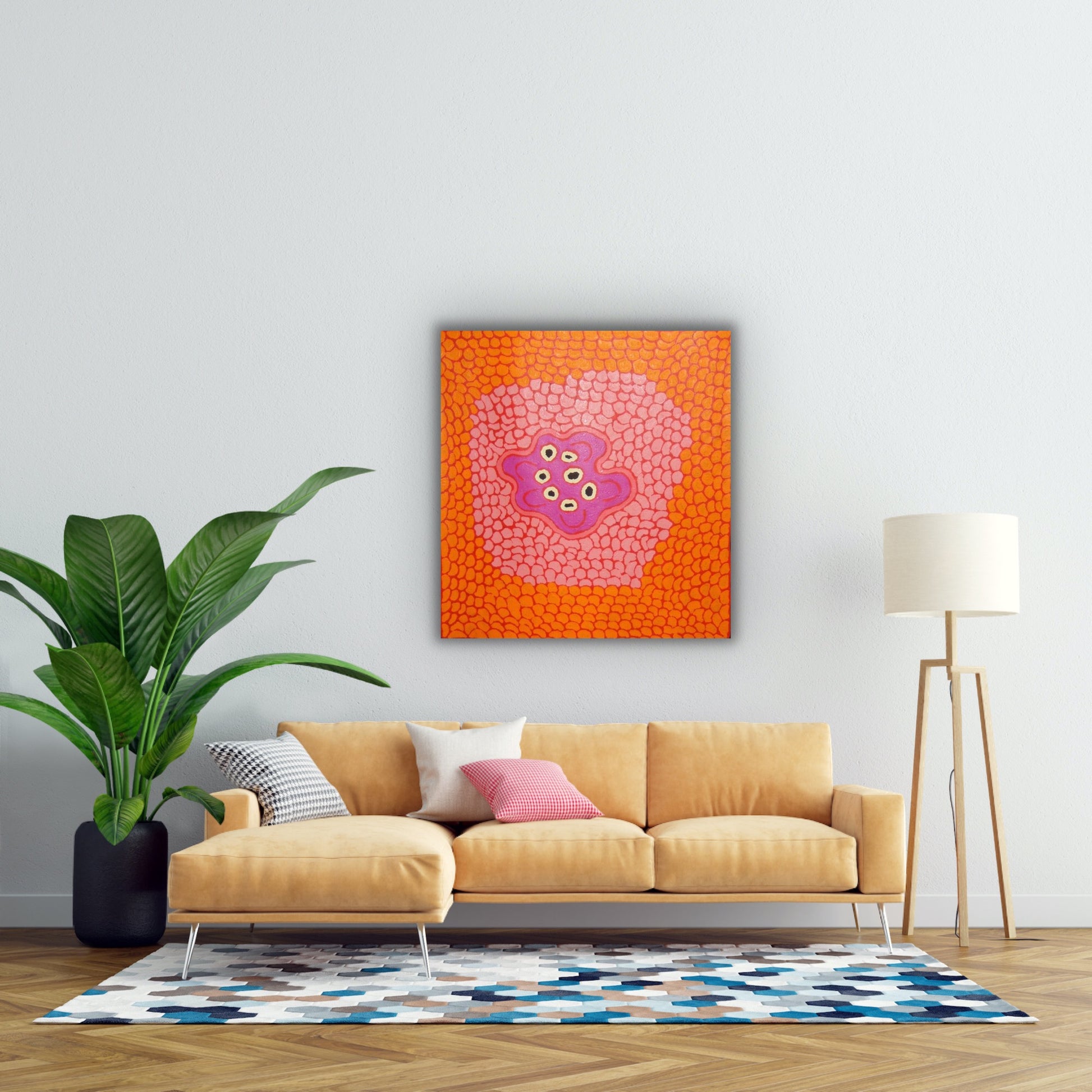 Barbara Reid Napangardi Women's Waterhole painting Orange Red Pink