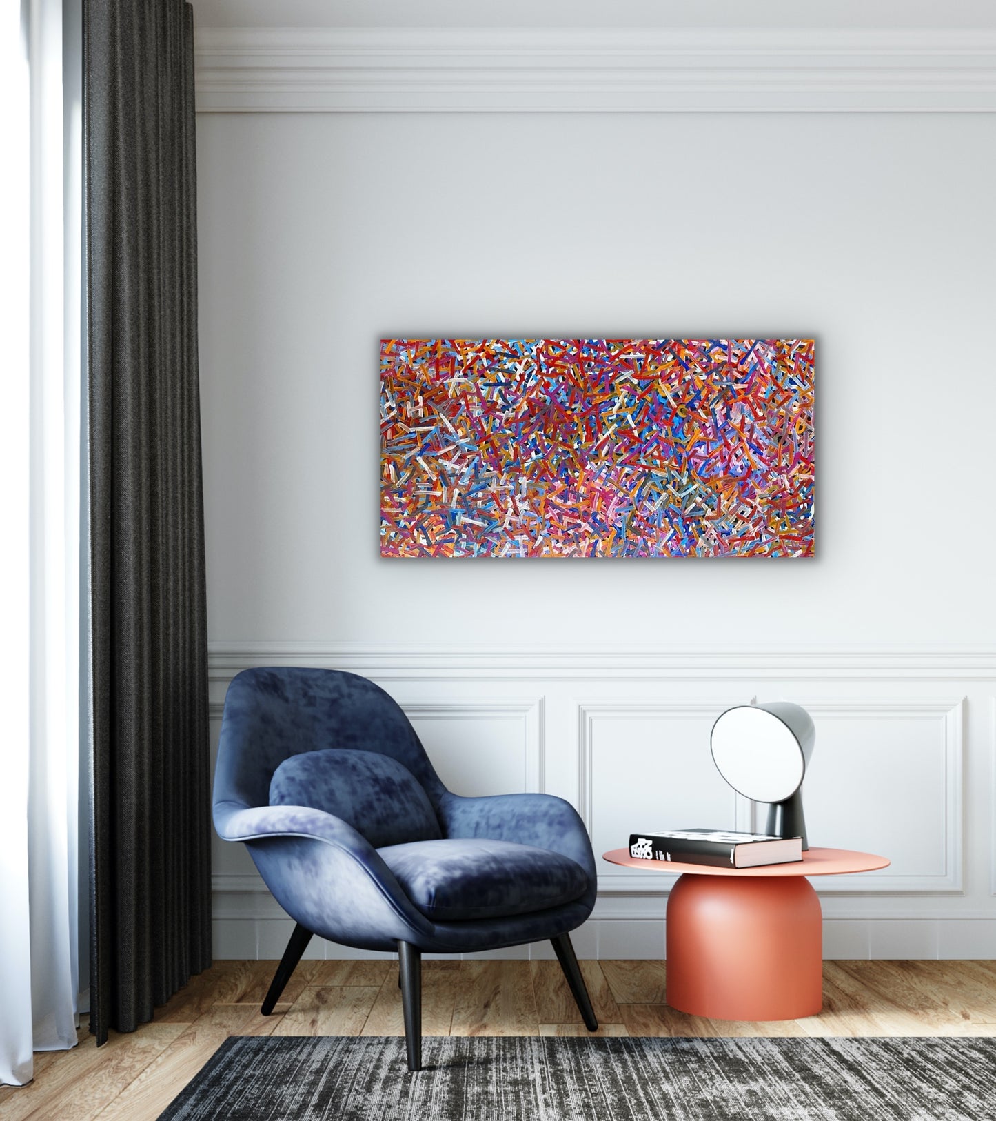A painting by Betty Club Mbitjana hanging on a wall above a modern armchair and table. 120x60cm