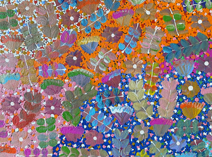 closeup of Joycie Morton Petyarre 'Bush Medicine' painting, 30x90cm 