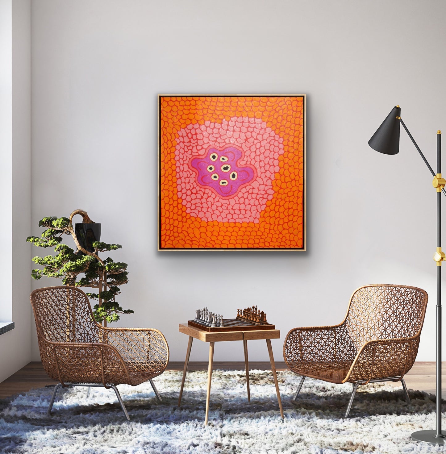 Barbara Reid Napangardi Women's Waterhole painting Orange Red Pink