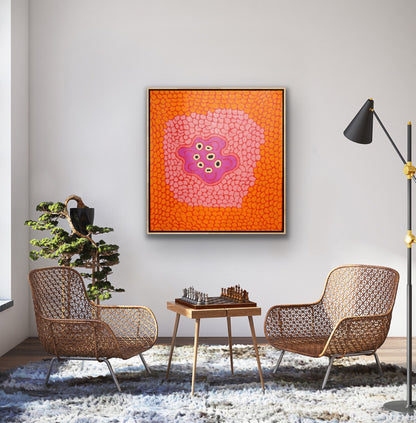 Barbara Reid Napangardi Women's Waterhole painting Orange Red Pink