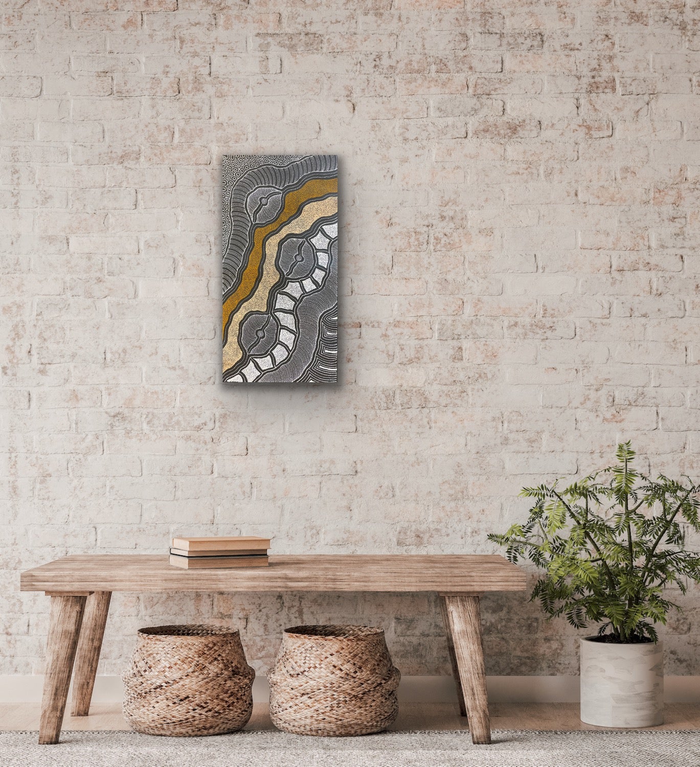 Delvine Pitjara 'My Country' painting 80x40cm White Browns