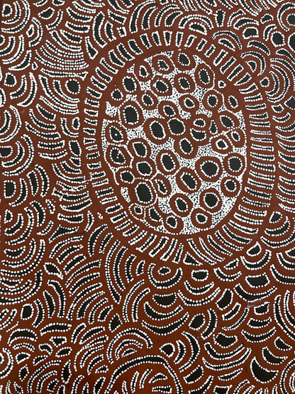 A close-up image of a painting by Tjawina Porter Nampitjinpa in maroon, white and black colours.