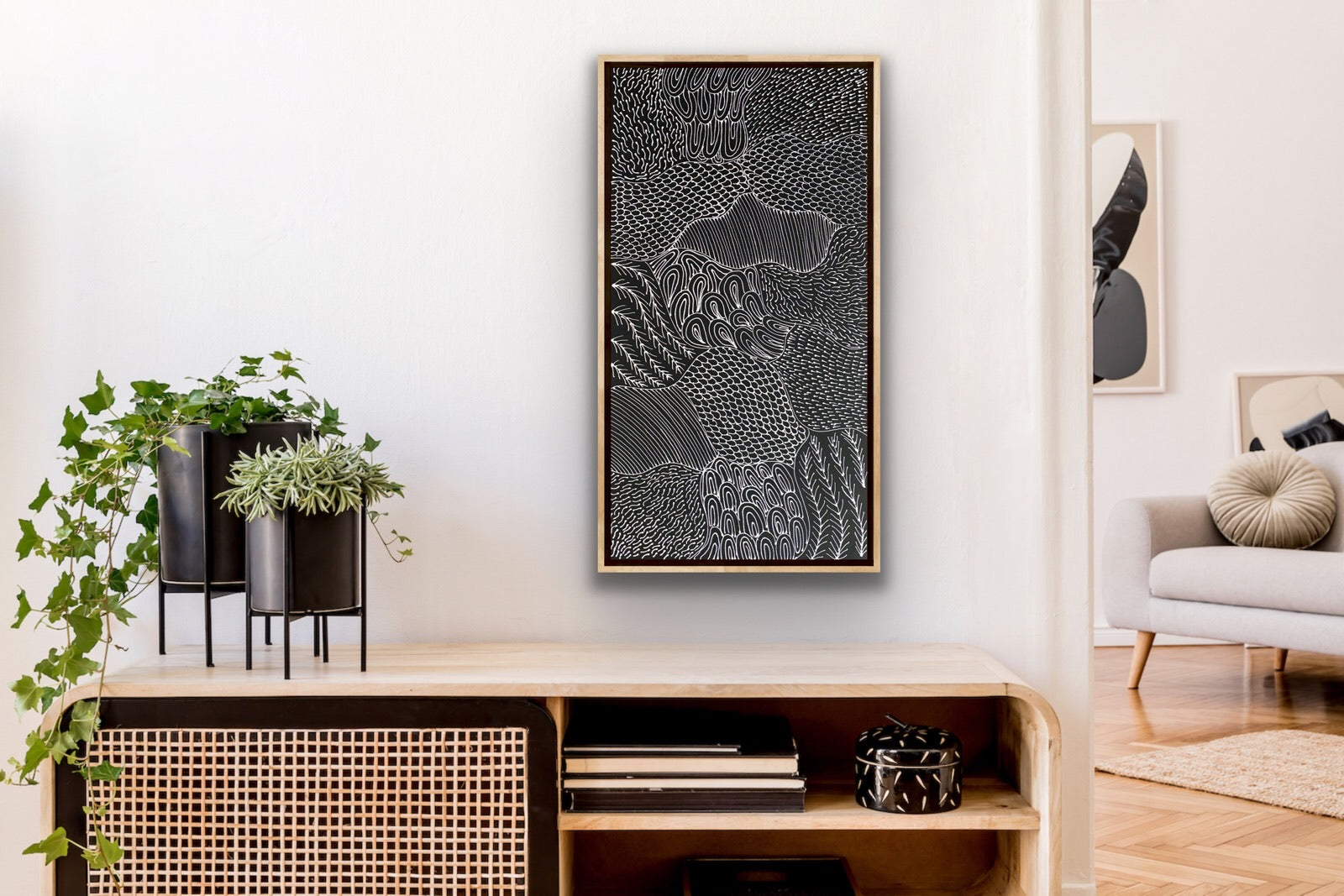 Freda Price Pitjara 'My Country' painting 100x50cm Black and White