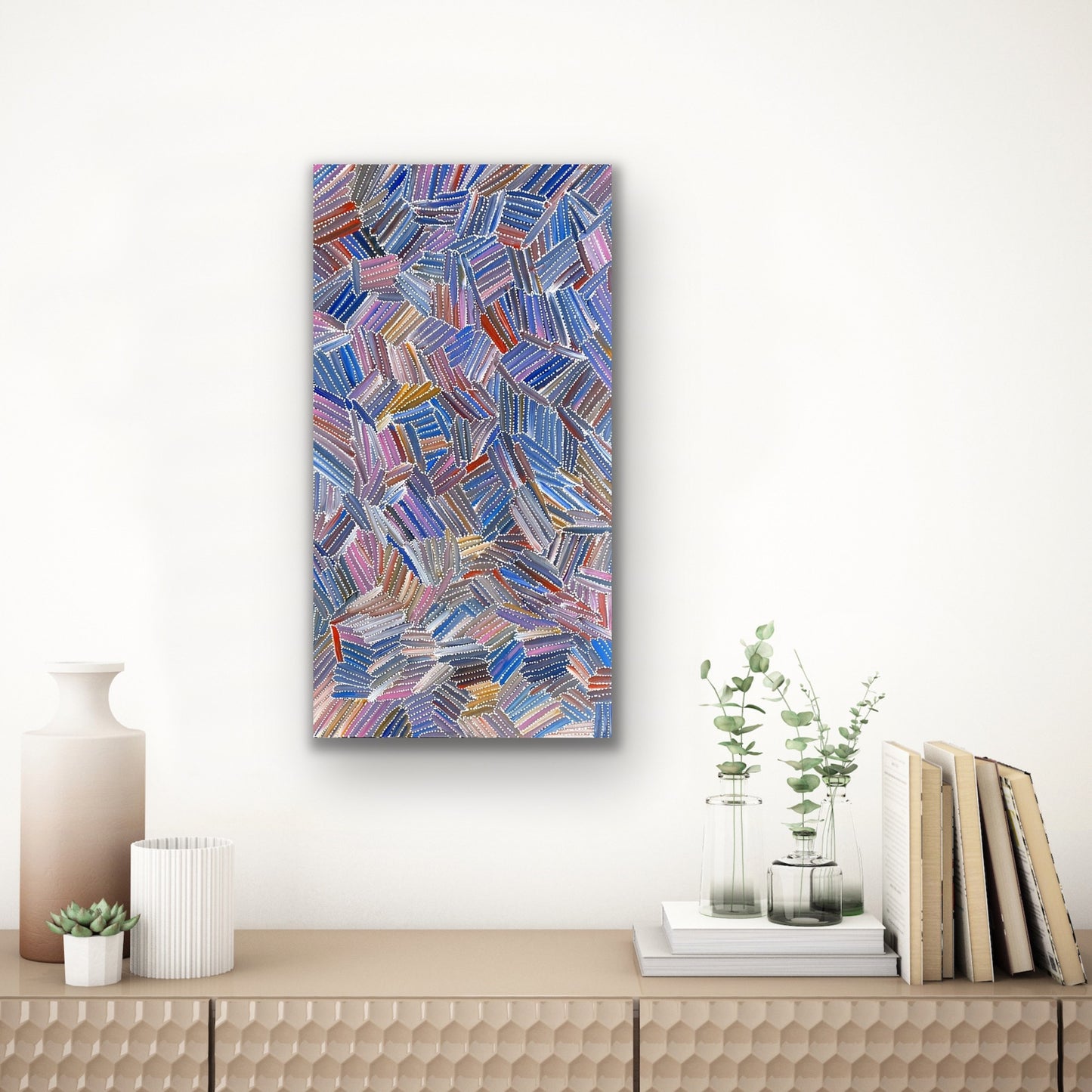 A pencil yam painting by Jedda Purvis Kngwarreye representing the Dreaming 'Kame', an important plant in Utopia.