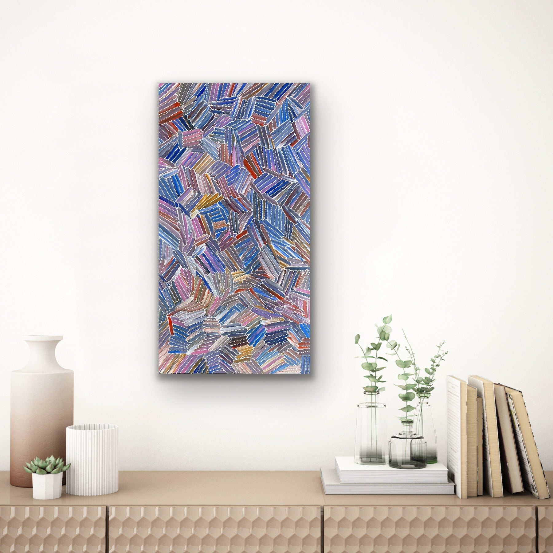 A pencil yam painting by Jedda Purvis Kngwarreye representing the Dreaming 'Kame', an important plant in Utopia.
