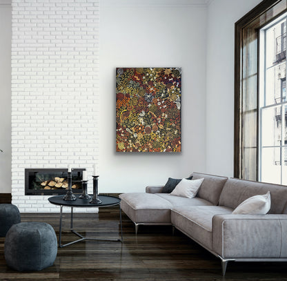 A painting by Meredith Curley featuring swirling patterns and a depiction of women collecting bush foods, with a predominantly brown, black, red, orange, and yellow colour palette.