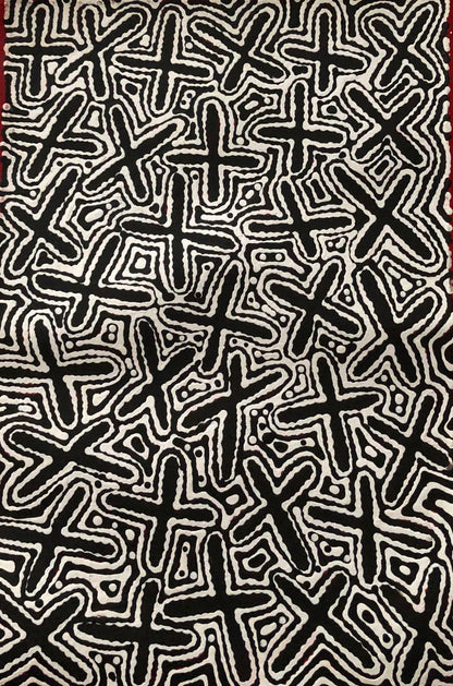 A canvas painting featuring abstract black and white patterns representing the 'Budgerigar Dreaming' with Concentric circles and cross-like shapes.