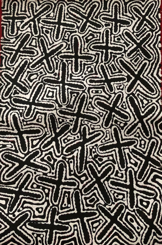 A canvas painting featuring abstract black and white patterns representing the 'Budgerigar Dreaming' with Concentric circles and cross-like shapes.