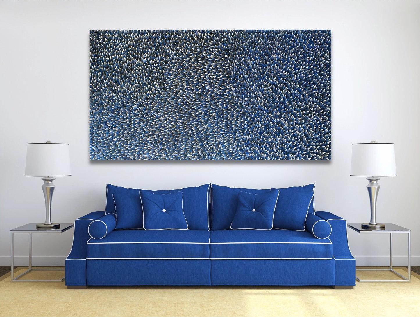 Abie Loy Kemarre Bush Medicine Leaf painting Blue, Black and White, 110x200cm