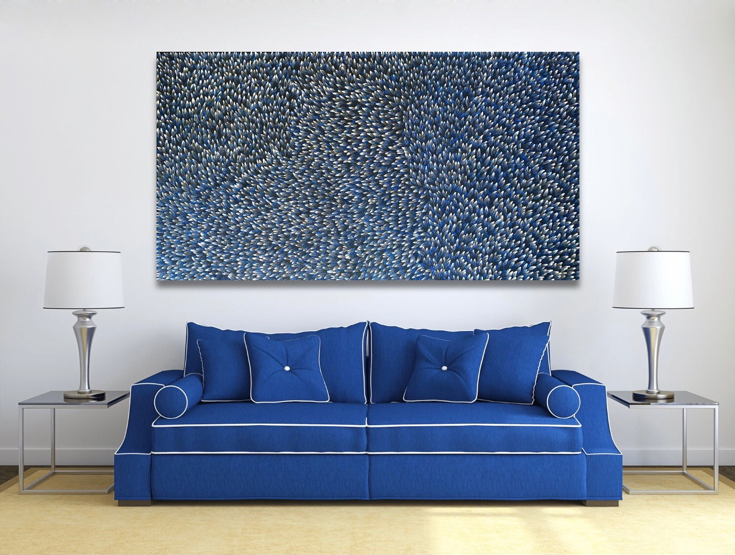 Abie Loy Kemarre Bush Medicine Leaf painting Blue, Black and White, 110x200cm