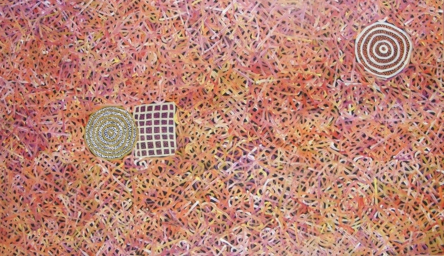 Betty Club Mbitjana Awelye painting 117x200cm Orange Yellow Pink