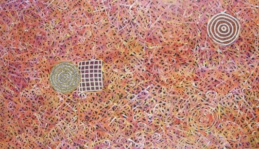 Betty Club Mbitjana Awelye painting 117x200cm Orange Yellow Pink